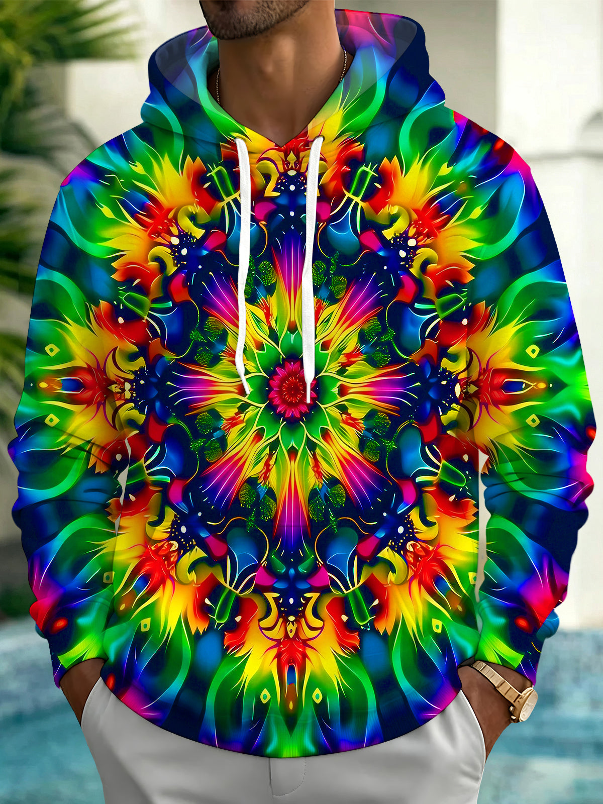 Adaychic Men's Printed Mandala Kaleidoscope Print Long Sleeve Hoodie with Chest Pocket