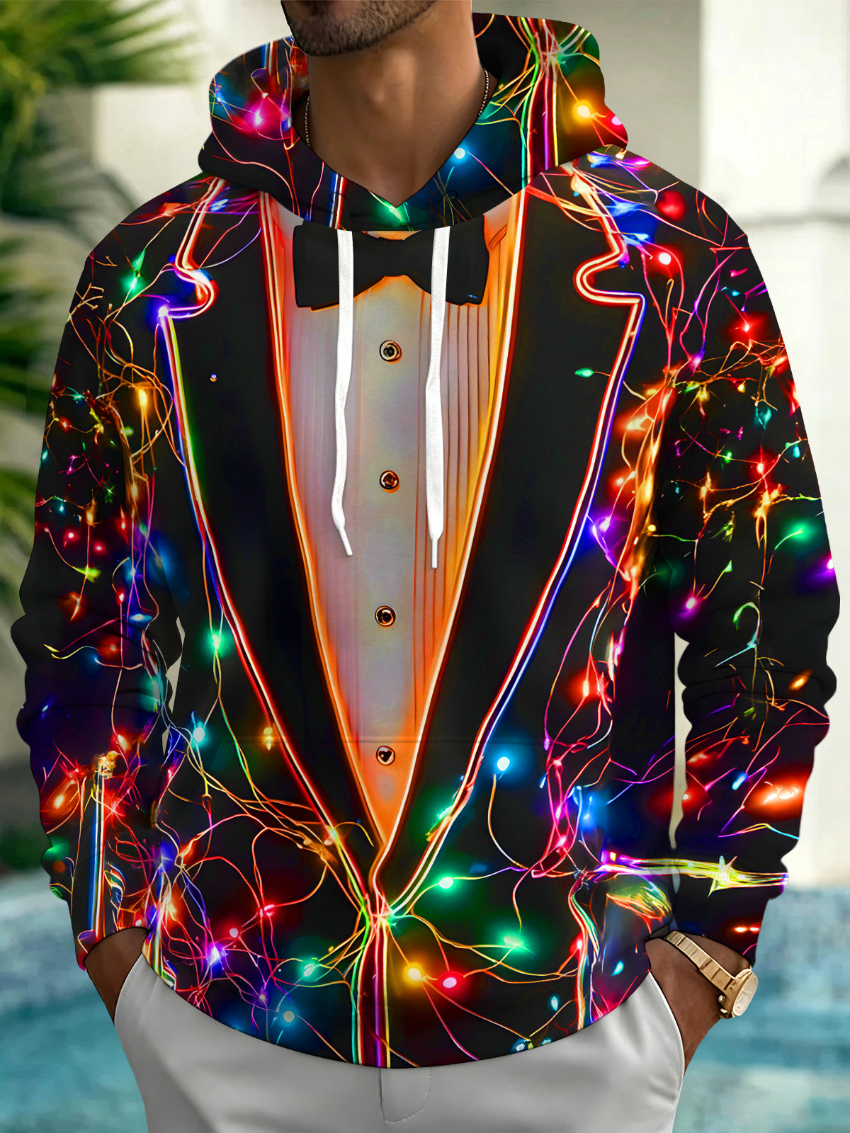 Adaychic Men's Printed Neon Tuxedo Print Long Sleeve Hoodie with Chest Pocket