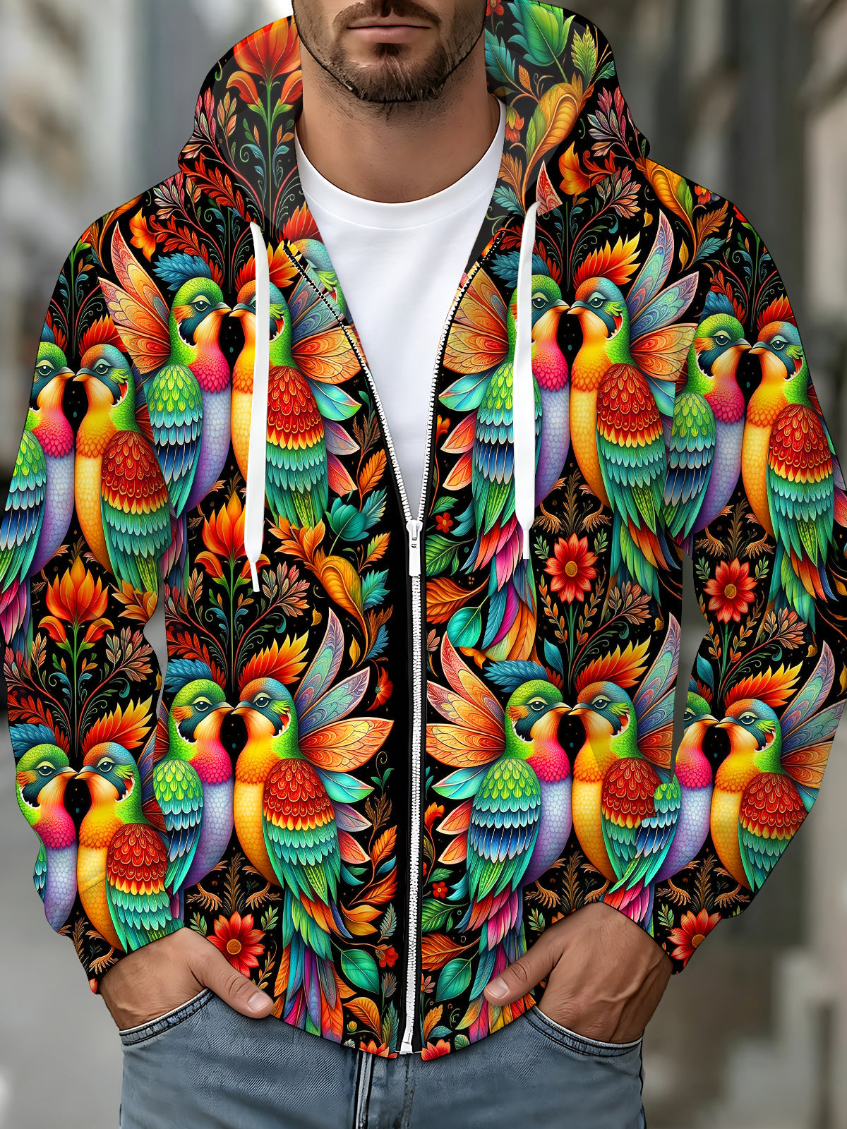 Adaychic Men's Floral Colorful Hummingbird Print Long Sleeve Sweatshirt with Chest Pocket