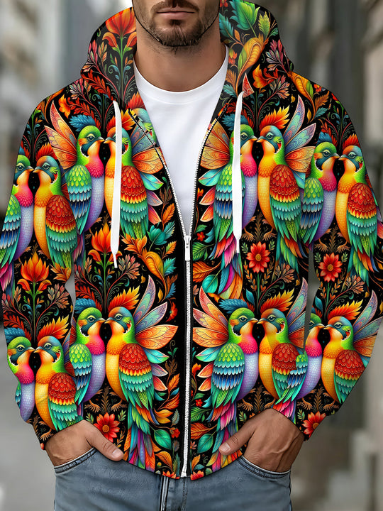 Adaychic Men's Floral Colorful Hummingbird Print Long Sleeve Sweatshirt with Chest Pocket