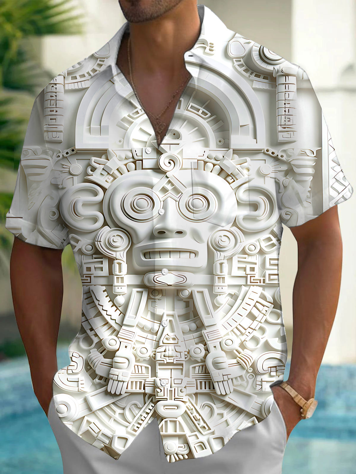 Adaychic Mayan Stone Carving Mask Men's Short Sleeve Shirt with Chest Pocket
