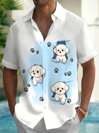 Adaychic Cute Torn Puppy Men's Short Sleeve Shirt with Chest Pocket