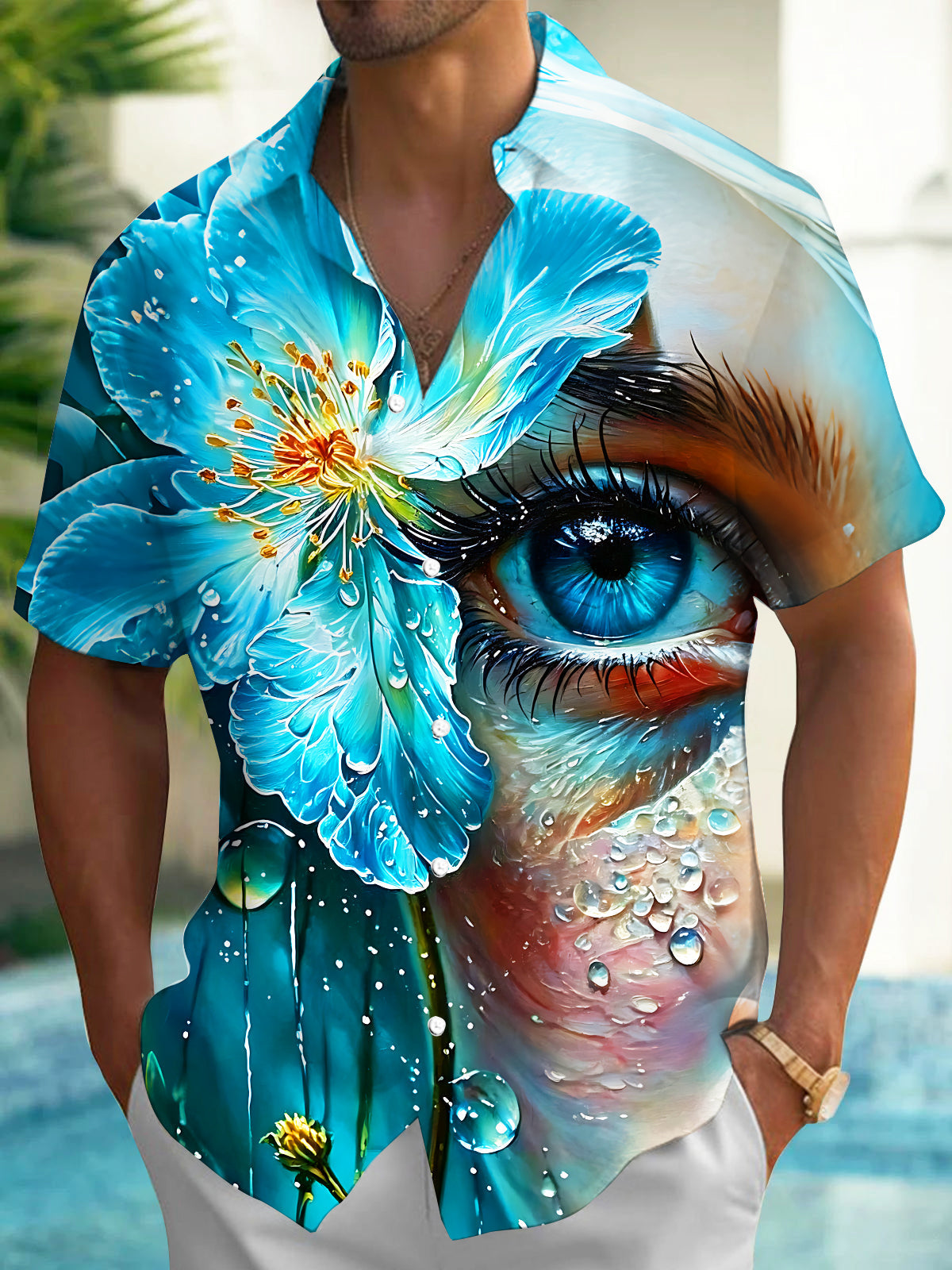 Adaychic Blue Flower Human Eye Men's Short Sleeve Shirt with Chest Pocket