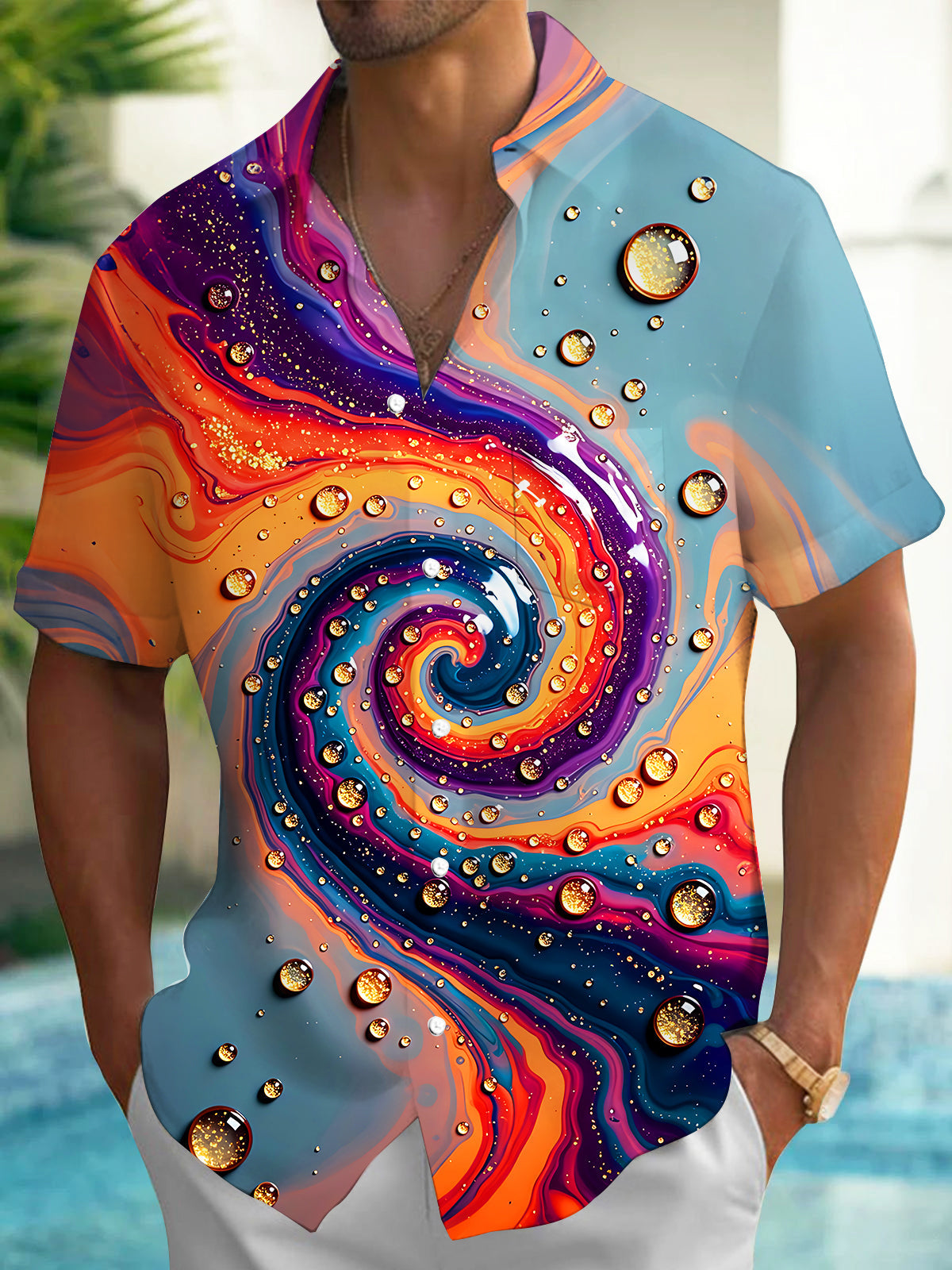 Adaychic Fluid Swirl Gemstone Men's Short Sleeve Shirt with Chest Pocket