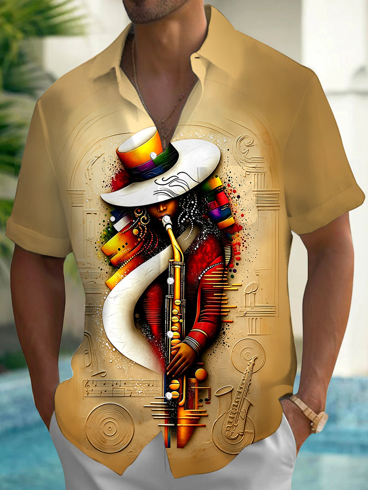 Adaychic Jazz Saxophone Player Men's Short Sleeve Shirt with Chest Pocket