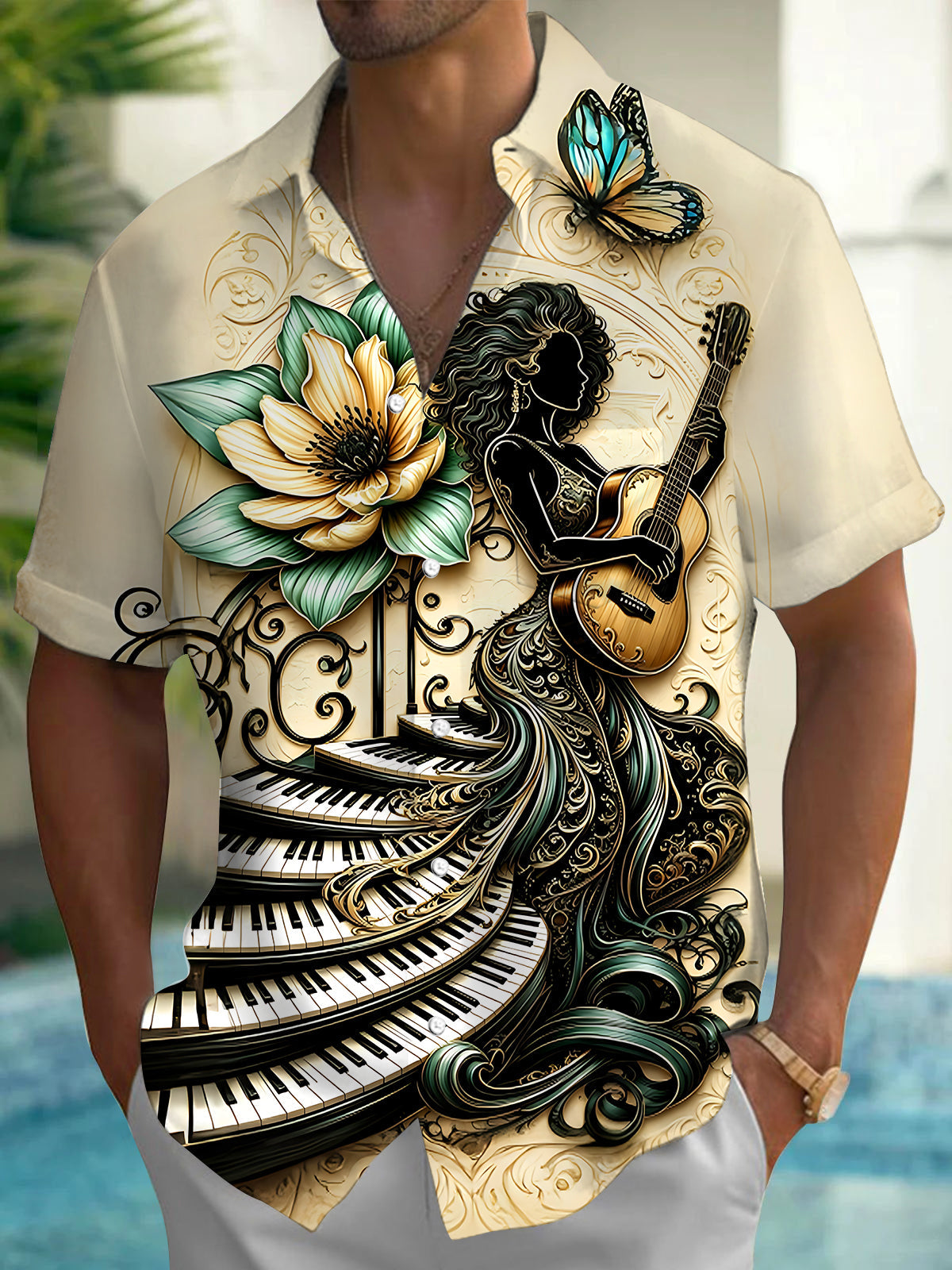 Adaychic Art Music Guitarist Piano Floral Butterfly Men's Short Sleeve Shirt with Chest Pocket