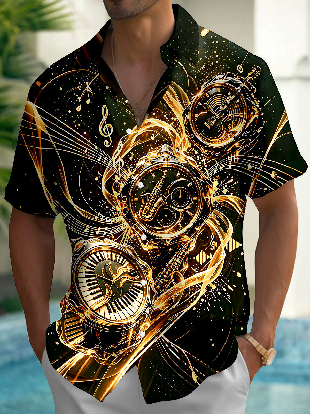 Adaychic Black Gold Music Clock Men's Short Sleeve Shirt with Chest Pocket