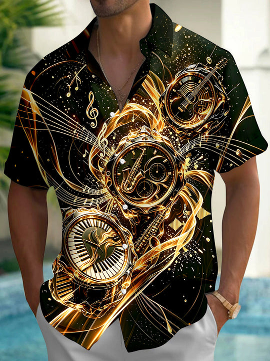Adaychic Black Gold Music Clock Men's Short Sleeve Shirt with Chest Pocket