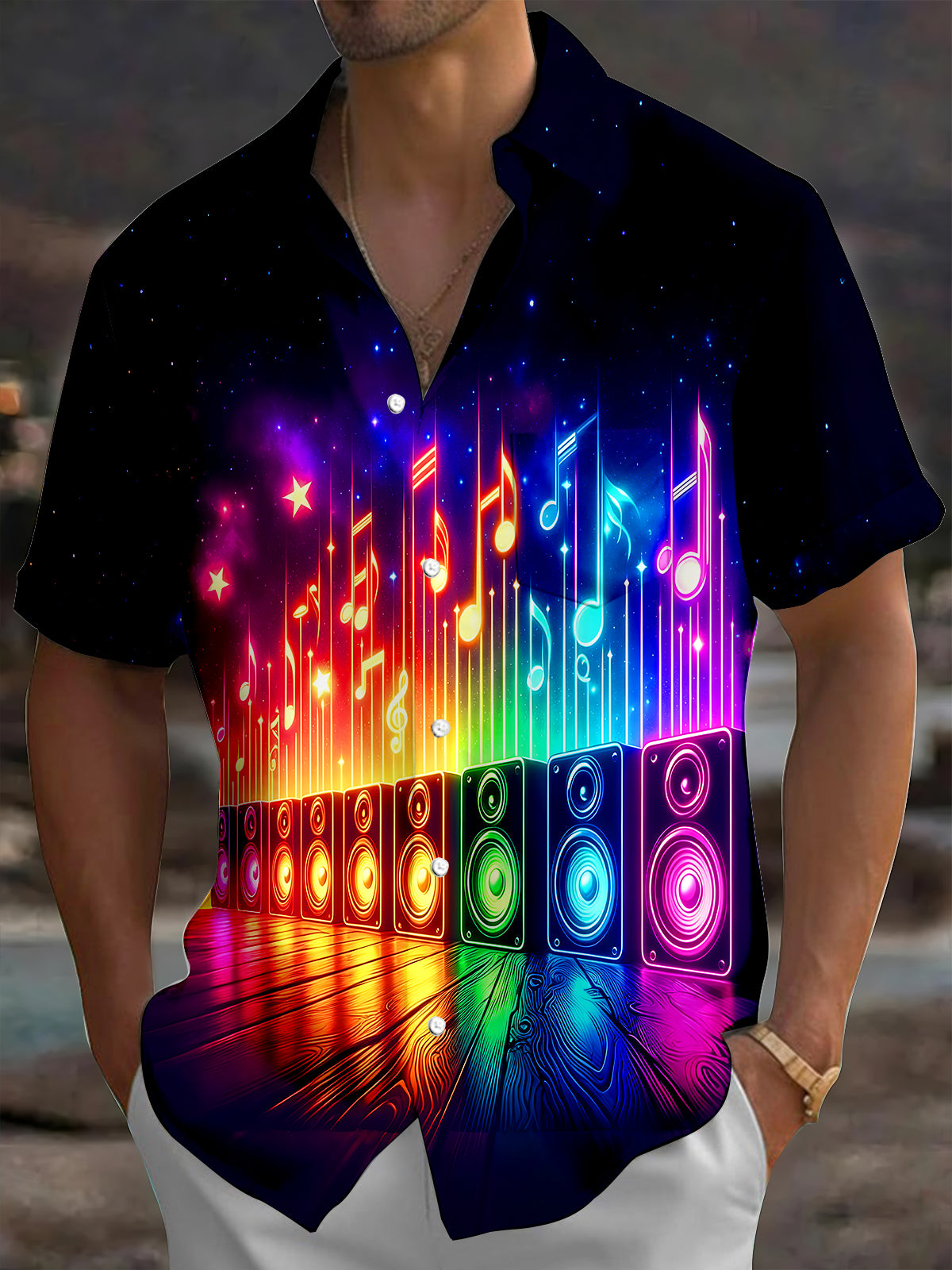 Adaychic Neon Music Speaker Men's Short Sleeve Shirt with Chest Pocket
