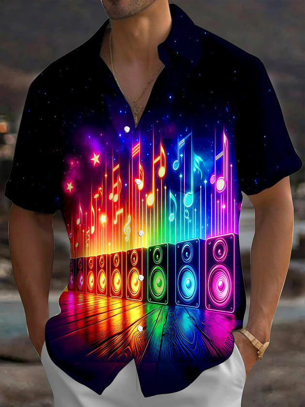 Adaychic Neon Music Speaker Men's Short Sleeve Shirt with Chest Pocket
