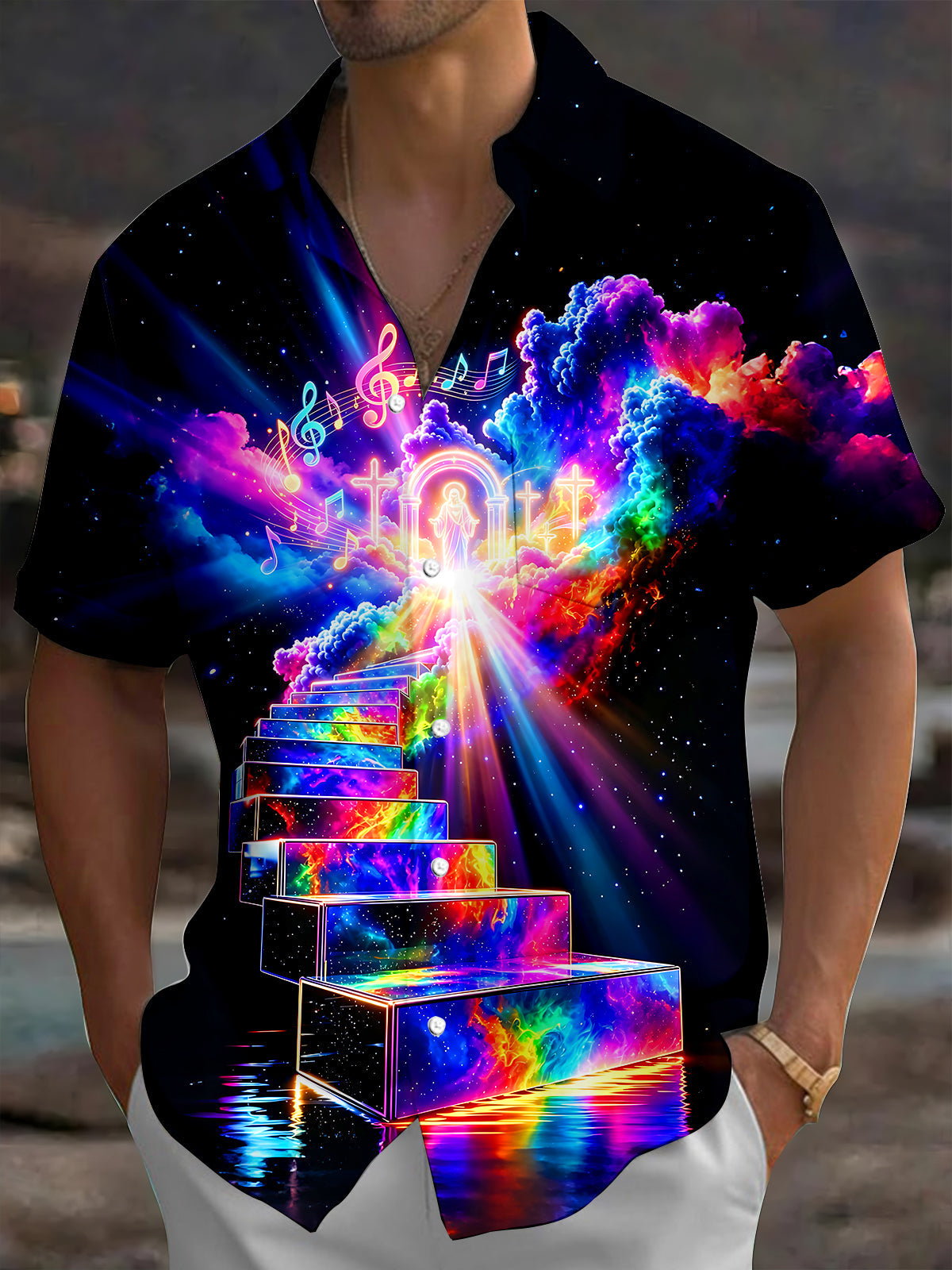 Adaychic Heaven Rainbow Staircase Men's Short Sleeve Shirt with Chest Pocket