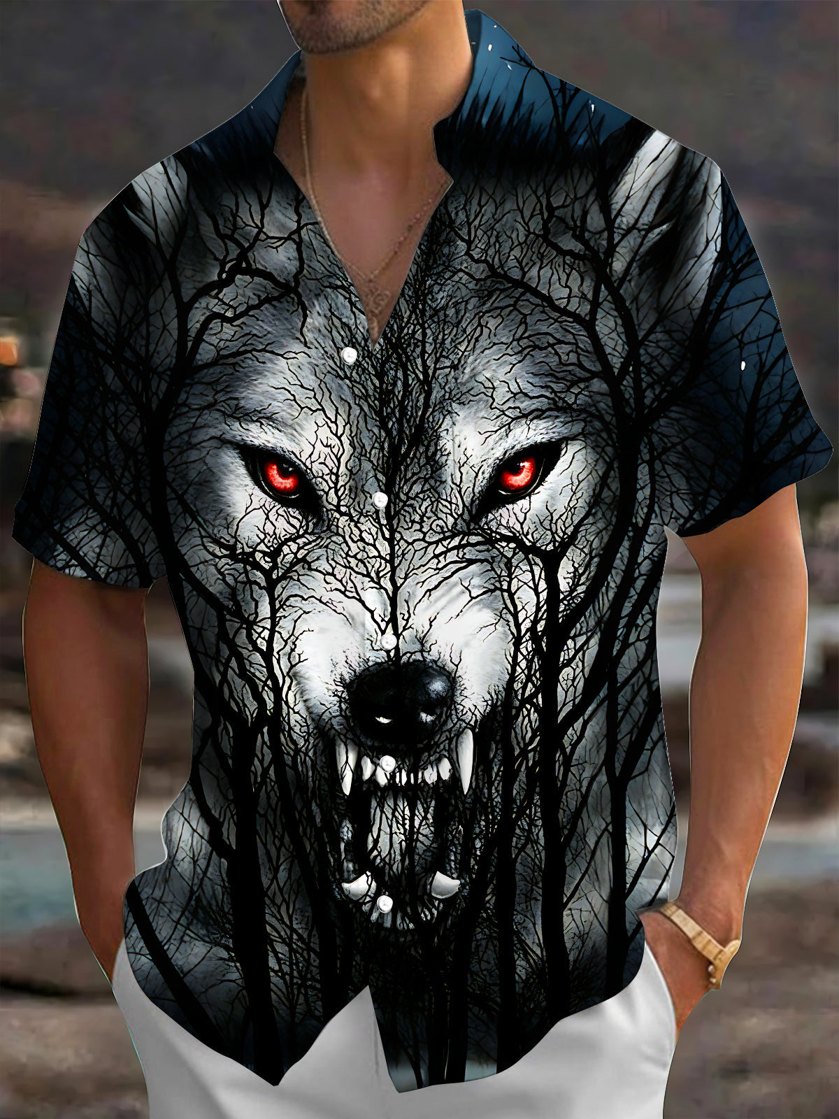Adaychic Forest Angry Wolf Men's Short Sleeve Shirt with Chest Pocket