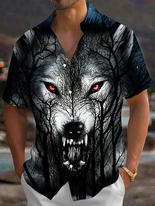 Adaychic Forest Angry Wolf Men's Short Sleeve Shirt with Chest Pocket