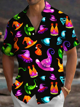 Adaychic Halloween Magic Hats Men's Short Sleeve Shirt with Chest Pocket