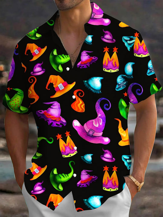 Adaychic Halloween Magic Hats Men's Short Sleeve Shirt with Chest Pocket