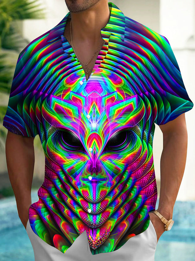 Adaychic Psychedelic Alien Mask Men's Short Sleeve Shirt with Chest Pocket