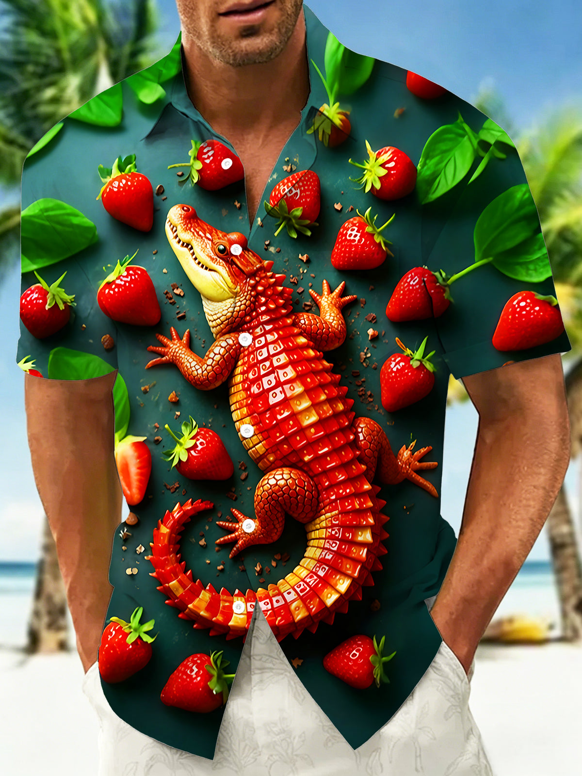 Adaychic Strawberry Crocodile Men's Short Sleeve Shirt with Chest Pocket