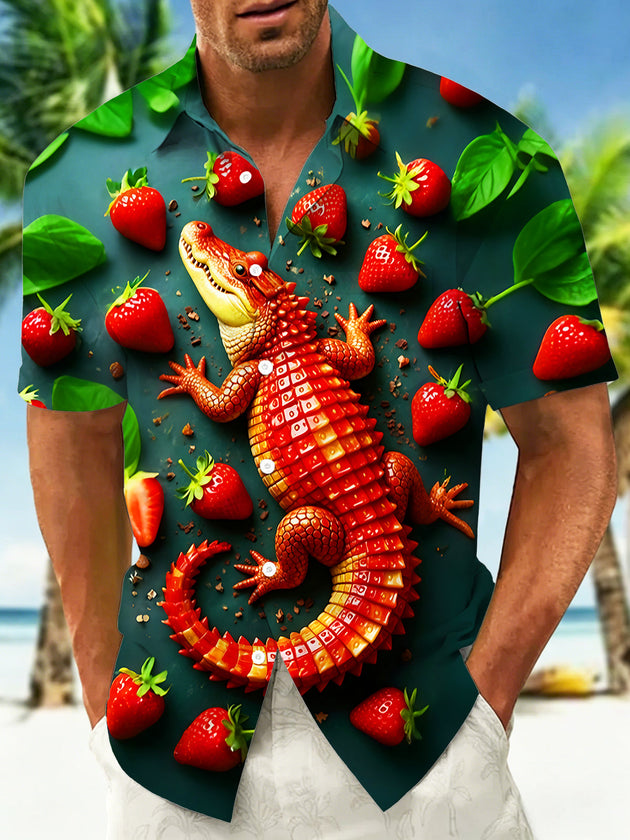 Adaychic Strawberry Crocodile Men's Short Sleeve Shirt with Chest Pocket