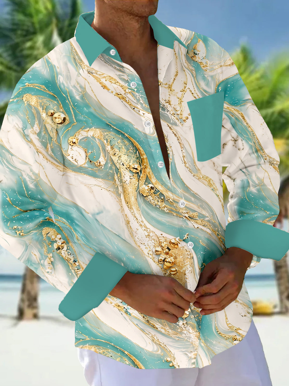 Adaychic Gold Fluid Marble Men's Long Sleeve Shirt with Chest Pocket
