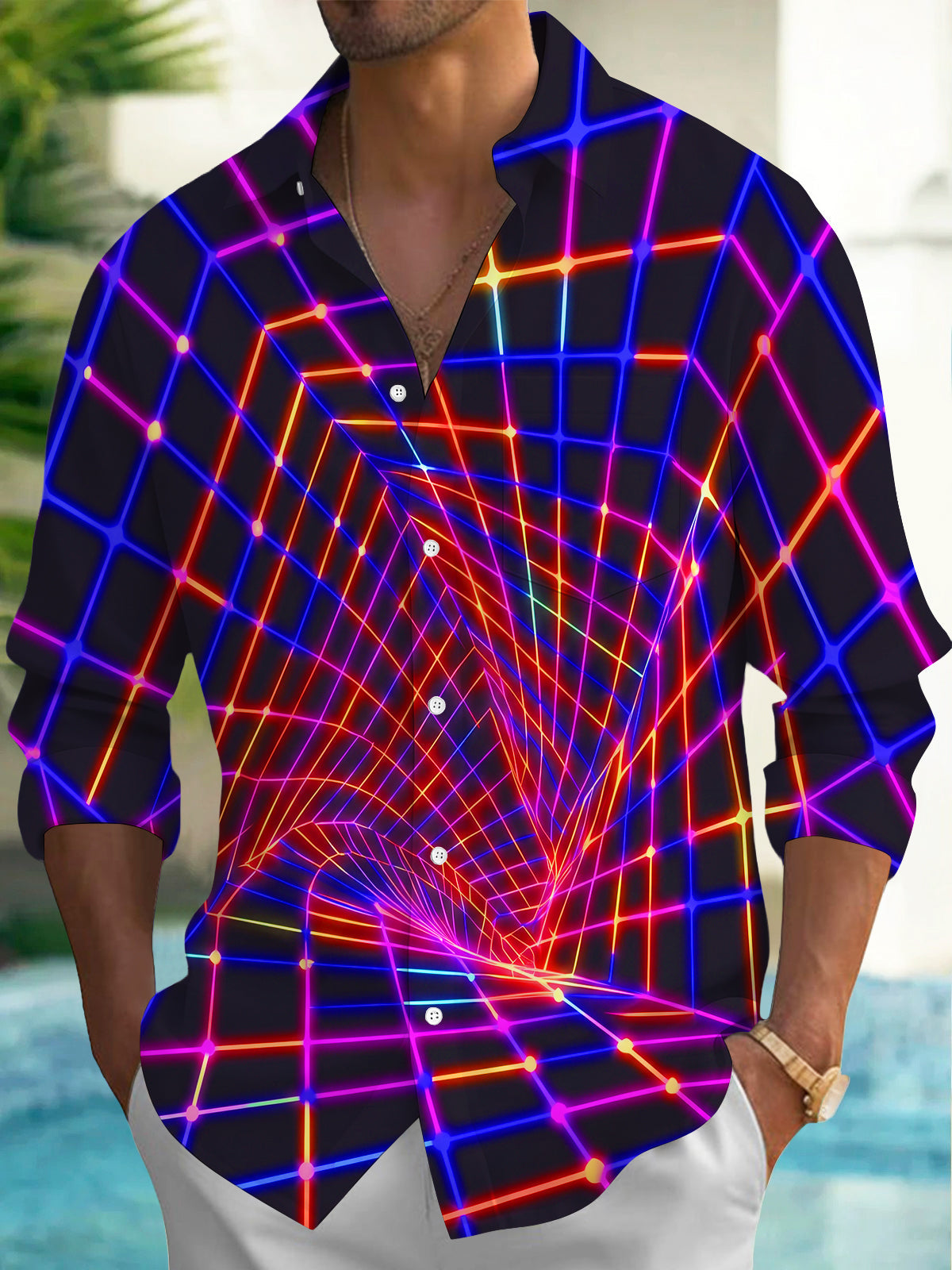 Adaychic Neon Grid Tunnel Men's Long Sleeve Shirt with Chest Pocket