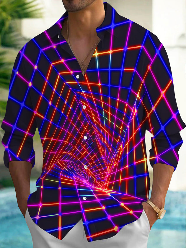 Adaychic Neon Grid Tunnel Men's Long Sleeve Shirt with Chest Pocket