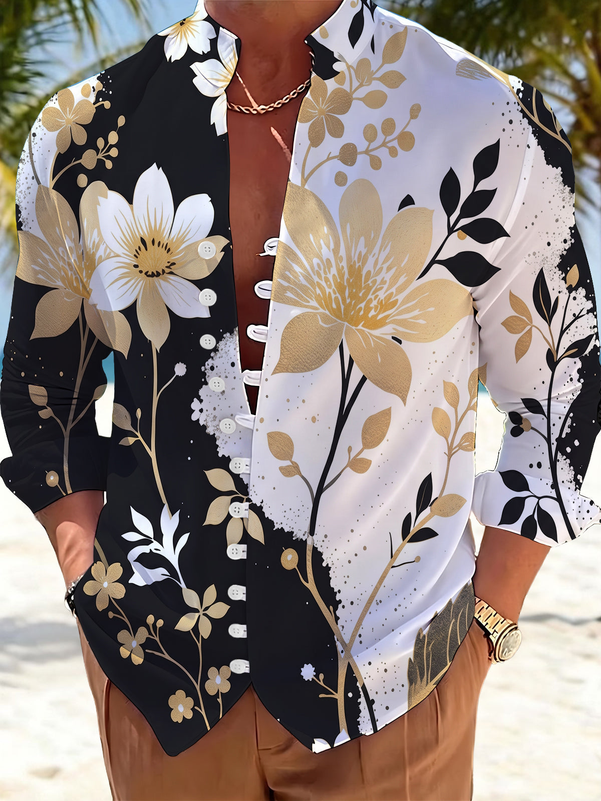 Adaychic Black Gold Gilded Floral Men's  Long Sleeve Shirt