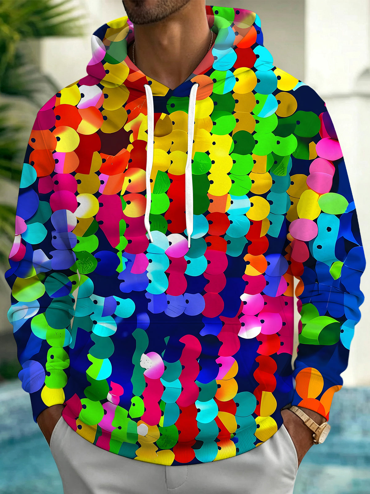 Adaychic Colorful Sequins Men's Long Sleeve Hoodie with Chest Pocket