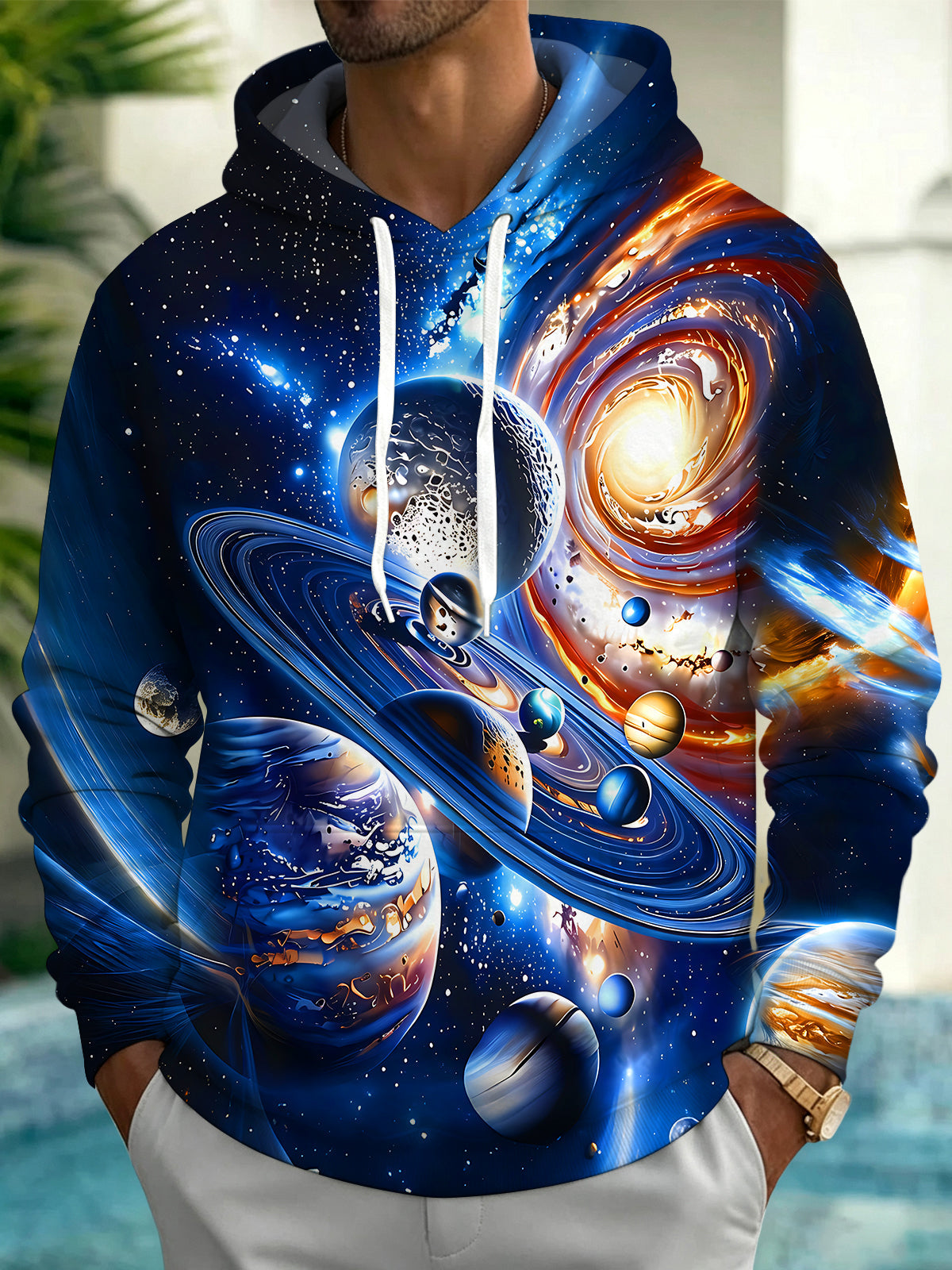 Adaychic Vast Cosmic Starry Sky Men's  Long Sleeve Hoodie with Chest Pocket
