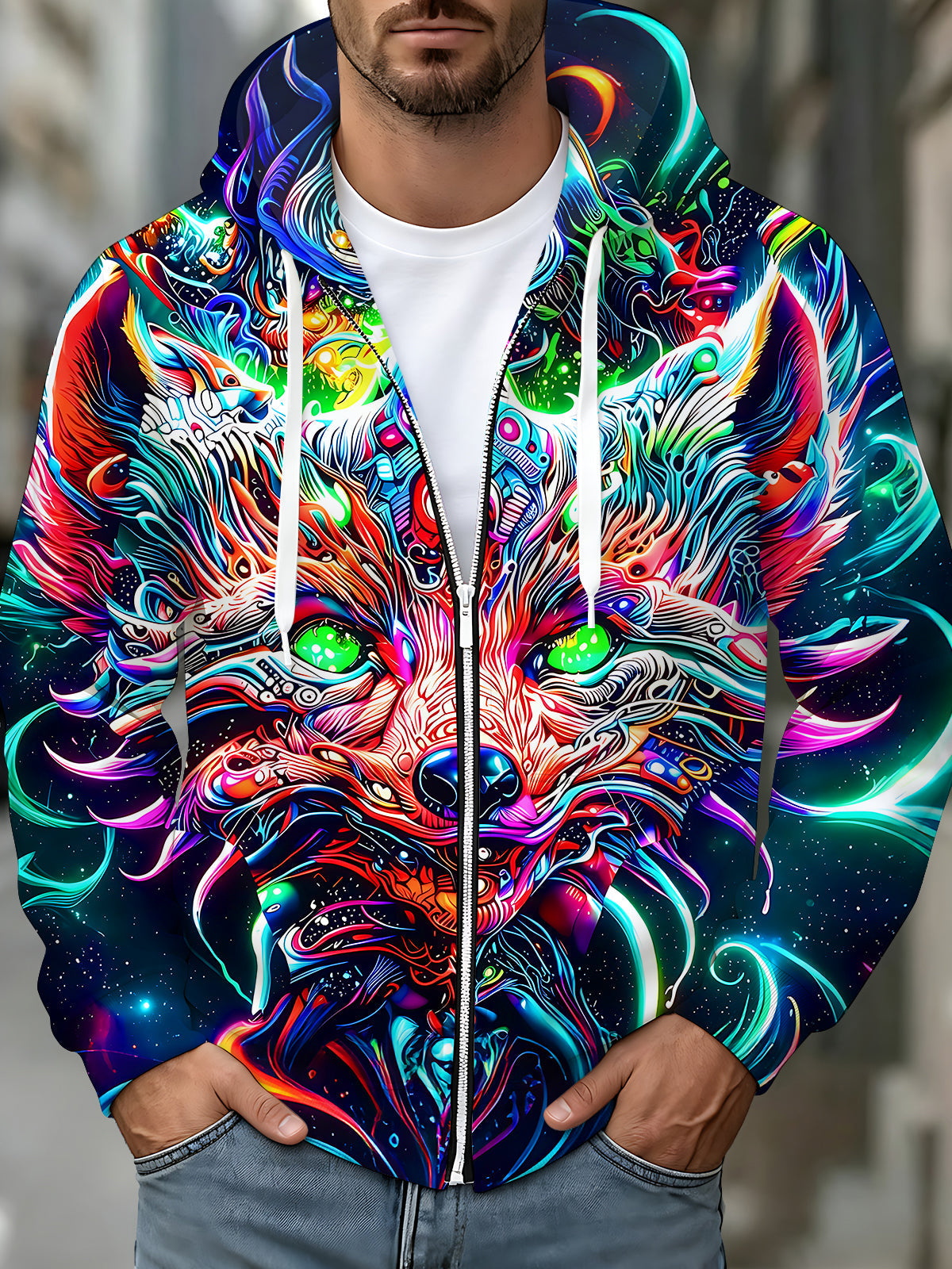 Adaychic Cyber Colorful Fox Men's Long Sleeve Sweatshirt with Chest Pocket