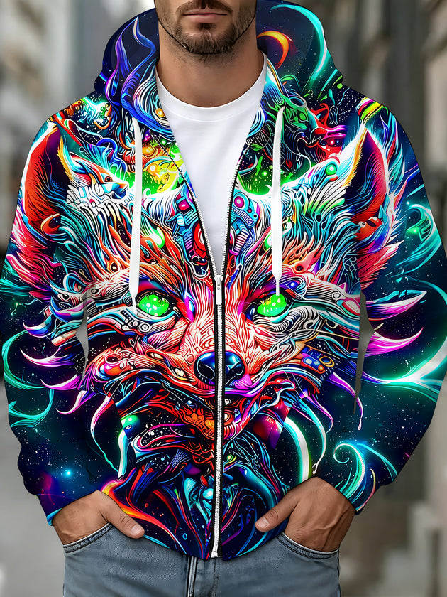 Adaychic Cyber Colorful Fox Men's Long Sleeve Sweatshirt with Chest Pocket