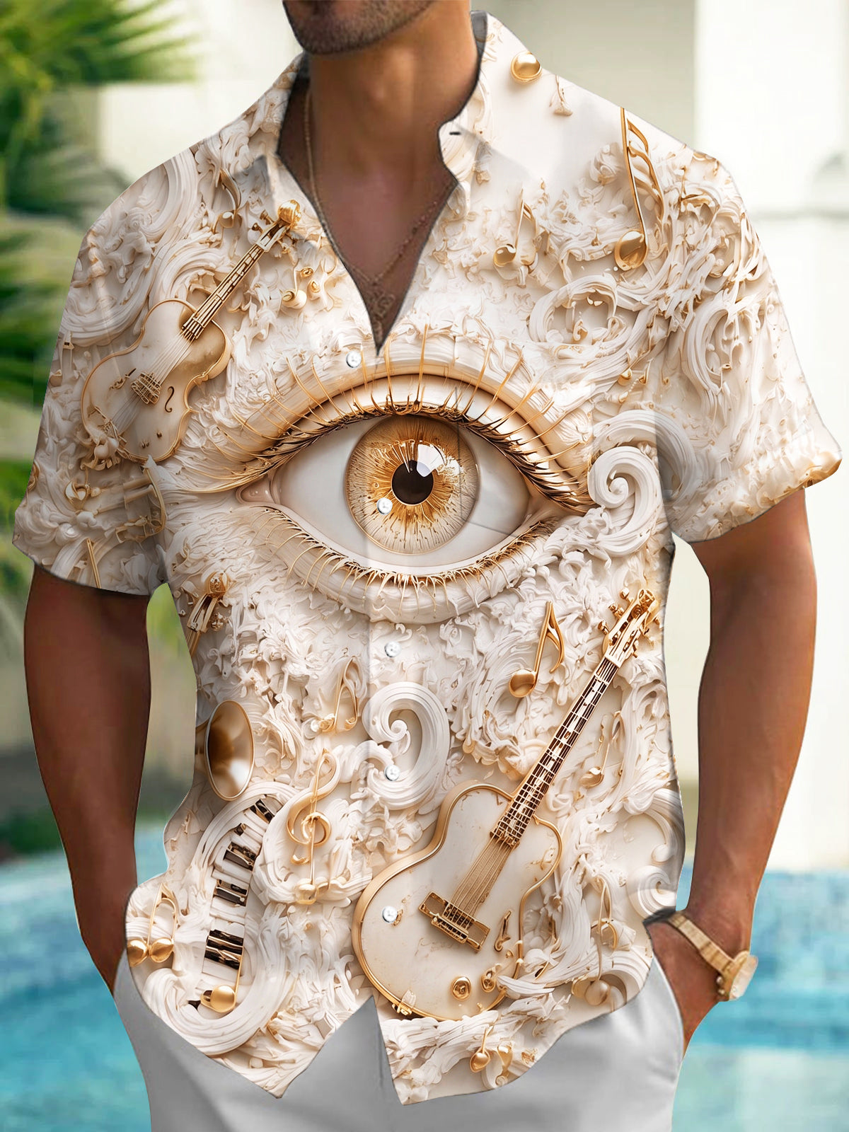 Adaychic Men's Graphic 3D Eye Print Short Sleeve Shirt with Chest Pocket