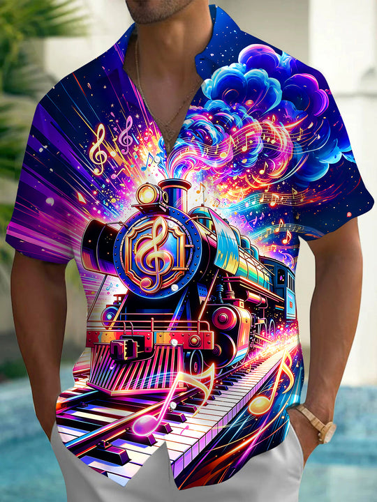 Adaychic Men's Graphic Neon Music Steam Train Print Short Sleeve Shirt with Chest Pocket
