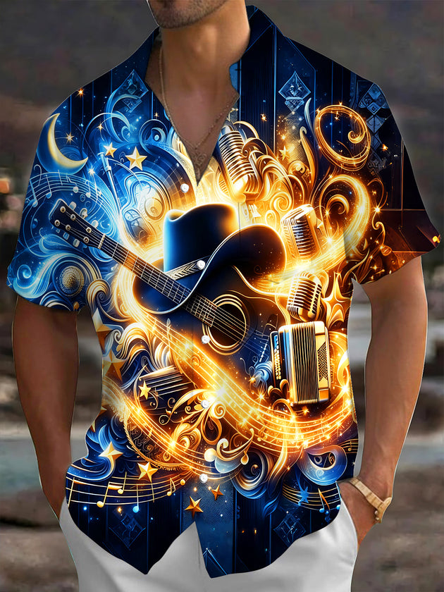 Adaychic Men's Printed Country Music Instruments Print Short Sleeve Shirt with Chest Pocket