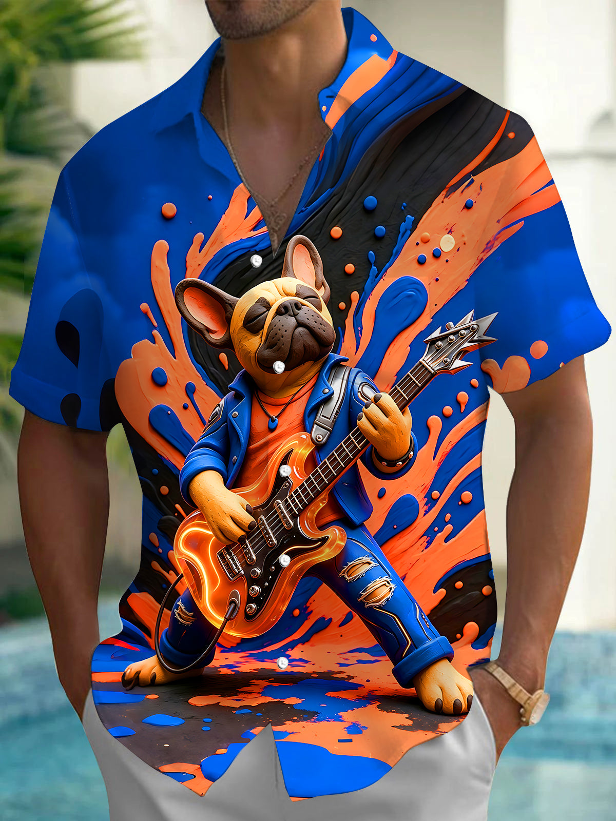 Adaychic Men's Graphic French Bulldog Guitarist Print Short Sleeve Shirt with Chest Pocket