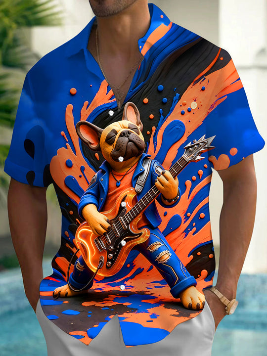 Adaychic Men's Graphic French Bulldog Guitarist Print Short Sleeve Shirt with Chest Pocket
