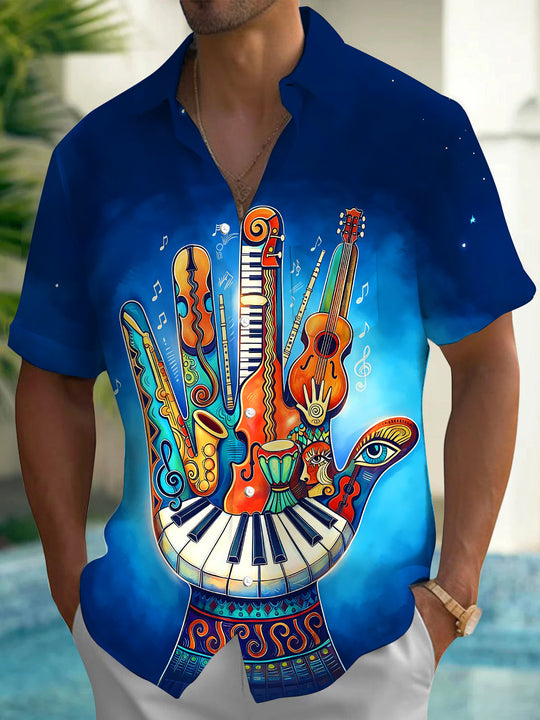 Adaychic Men's Graphic Musical Instruments Palm Tree Print Short Sleeve Shirt with Chest Pocket