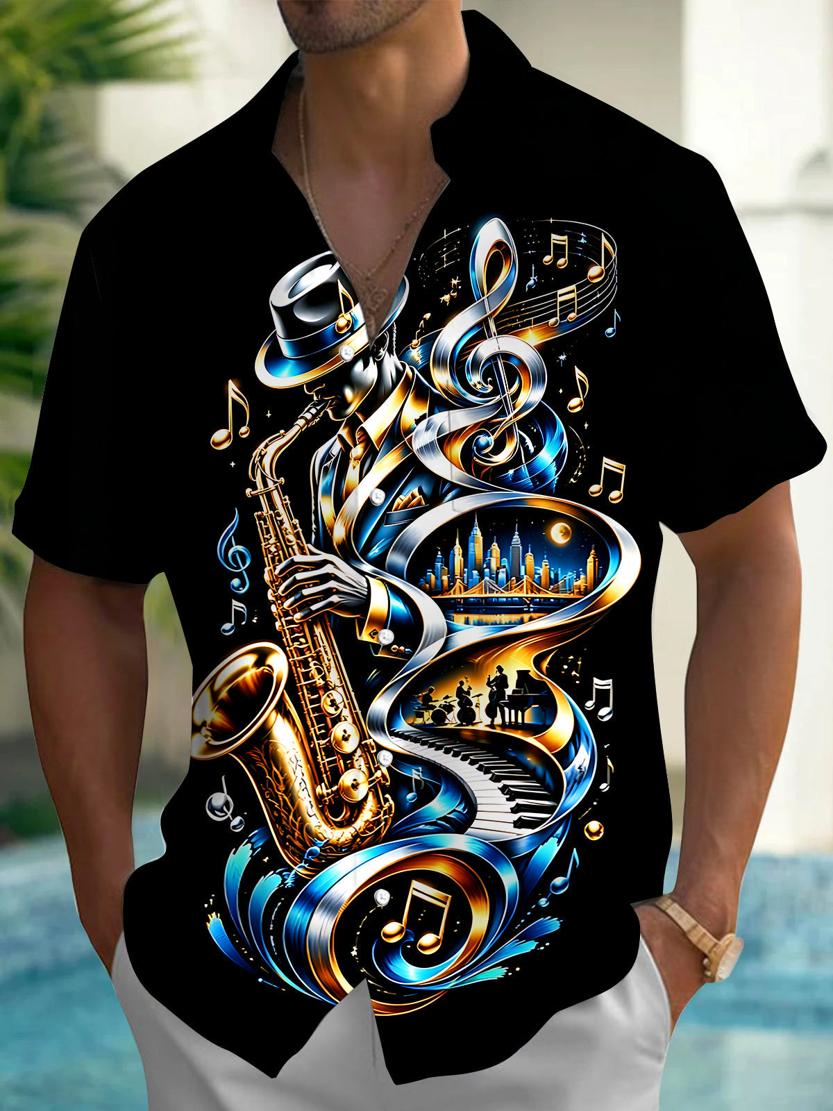 Adaychic Men's Graphic Jazz Saxophone Player Print Short Sleeve Shirt with Chest Pocket