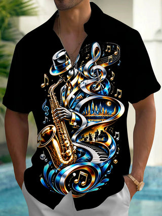 Adaychic Men's Graphic Jazz Saxophone Player Print Short Sleeve Shirt with Chest Pocket