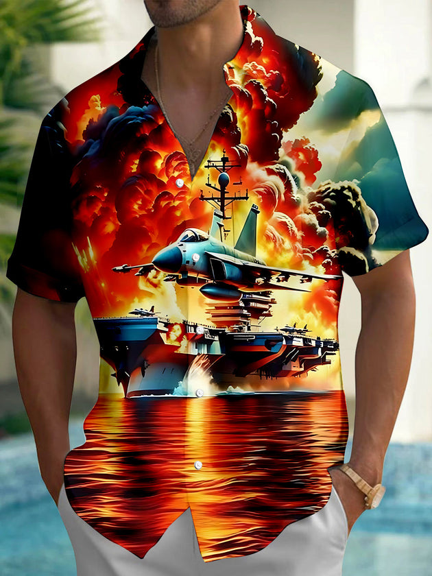 Adaychic Men's Graphic Aircraft Carrier Print Short Sleeve Shirt with Chest Pocket