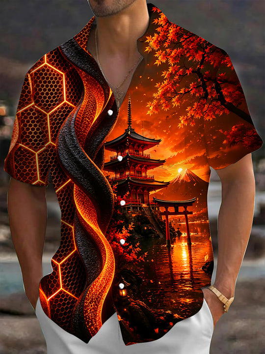 Adaychic Men's Graphic Ancient Temple Print Maple Leaf Print Short Sleeve Shirt with Chest Pocket