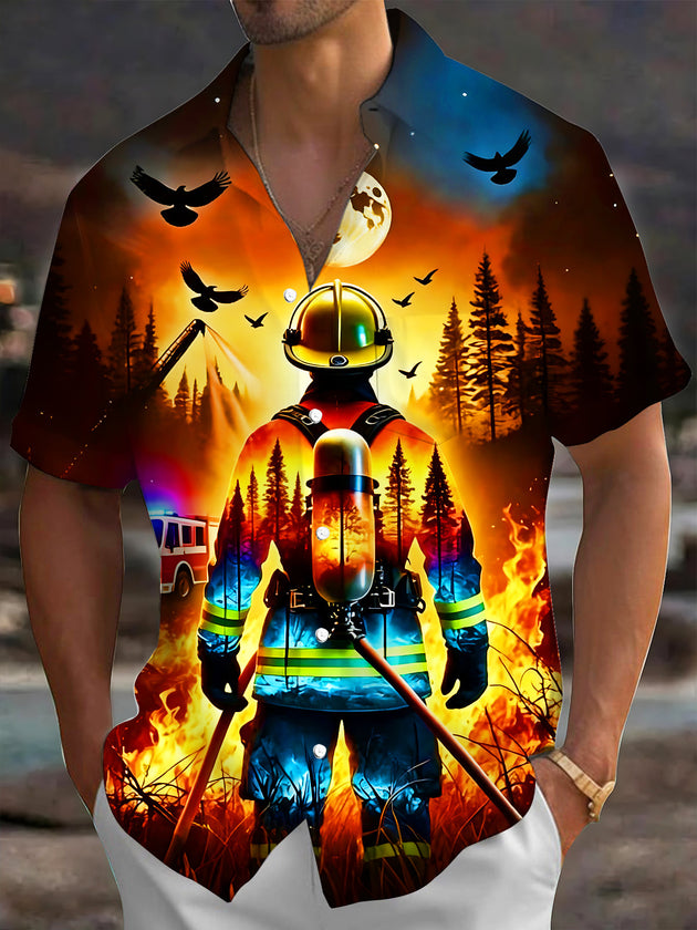 Adaychic Men's Graphic Firefighter Silhouette Print Short Sleeve Shirt with Chest Pocket