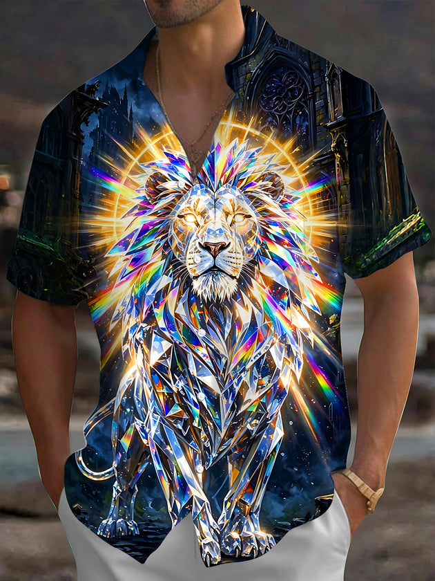 Adaychic Men's Graphic Crystal Lion Print Short Sleeve Shirt with Chest Pocket