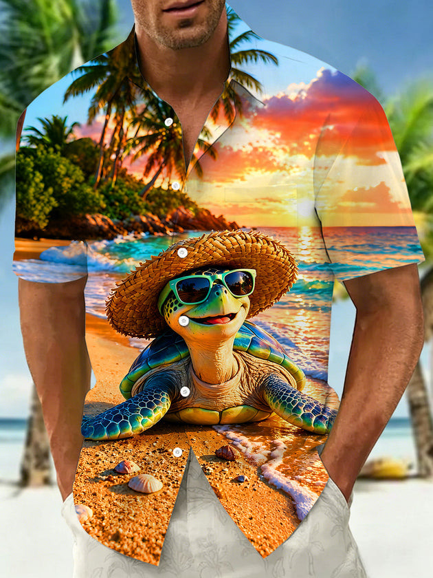 Adaychic Men's Hawaiian Turtle With Sunglasses Print Short Sleeve Shirt with Chest Pocket