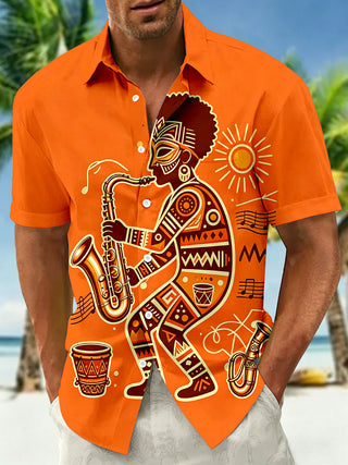 Adaychic Men's Hawaiian African Jazz Musician Print Short Sleeve Shirt with Chest Pocket