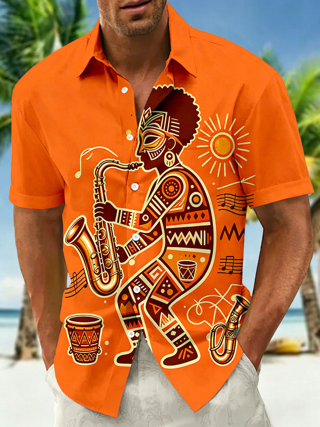 Adaychic Men's Hawaiian African Jazz Musician Print Short Sleeve Shirt with Chest Pocket