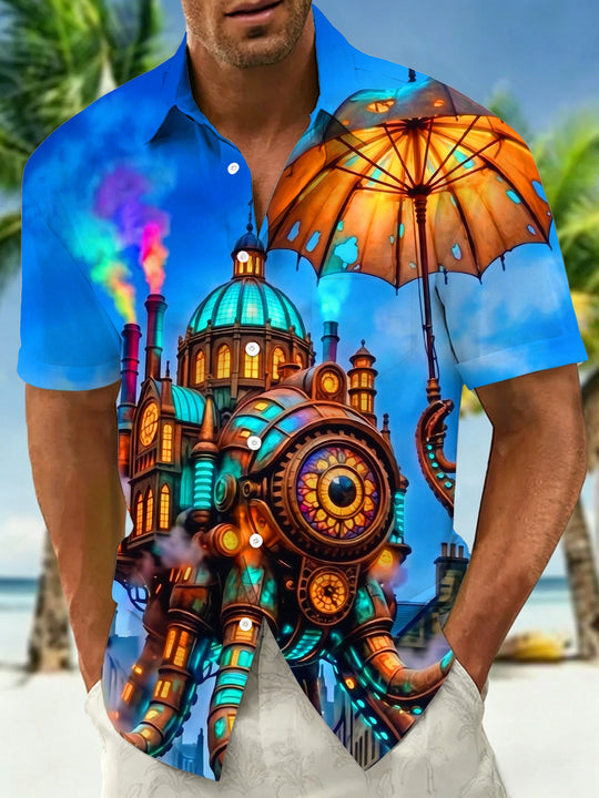 Adaychic Men's Graphic Steampunk Mechanical Octopus Print Short Sleeve Shirt with Chest Pocket