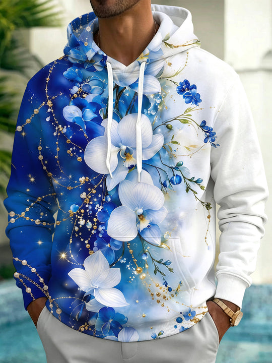 Adaychic Men's Printed Blue White Pearl Orchid Print Long Sleeve Hoodie with Chest Pocket