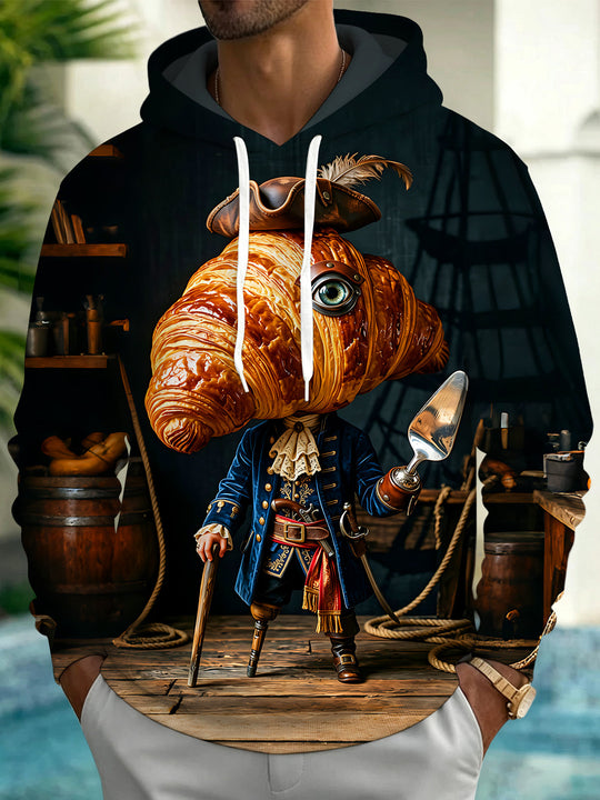 Adaychic Men's Graphic Croissant Pirate Character Print Long Sleeve Hoodie with Chest Pocket
