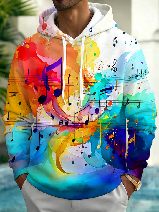 Adaychic Men's Graphic Watercolor Music Notes Print Long Sleeve Hoodie with Chest Pocket