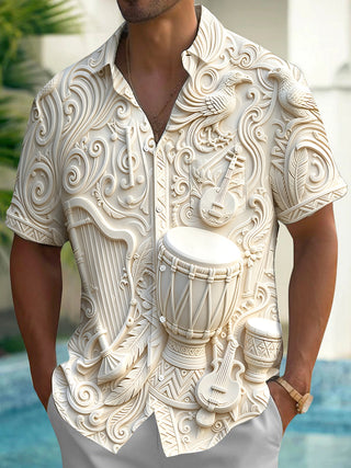 Adaychic Men's 3D Musical Instruments Relief Print Short Sleeve Shirt with Chest Pocket